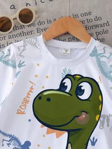 Bộ quần áo bé trai tay ngắn in hình khủng long hoạt hình, không kèm áo khoác nỉ, thích hợp mặc hàng ngày, lựa chọn đáng yêu cho mùa xuân/hè. - Nhiều màu - Xem 4