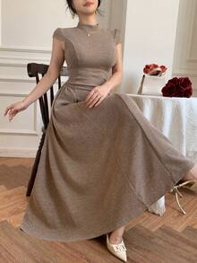 DAZY Women's Solid Color Stand Collar Cap Sleeve Ribbed Midi Dress Summer Sundress - Khaki - View 1
