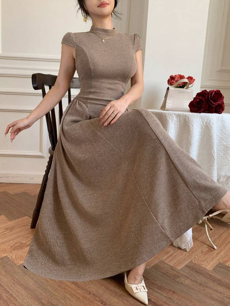Women's Solid Color Stand Collar Cap Sleeve Ribbed Midi Dress Summer Sundress
