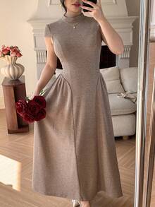 DAZY Women's Solid Color Stand Collar Cap Sleeve Ribbed Midi Dress Summer Sundress - Khaki - View 3