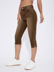 SHEIN Frenchy Women's Solid Color Minimalist Everyday Skinny Capri Length Jeans - Brown - View 4