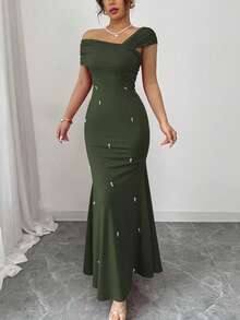 Rafferiza Elegant & Luxurious Asymmetrical Neckline Red Straight Beaded Mermaid Dress, For Women, Spring/Summer Olive Green - Army Green - View 3