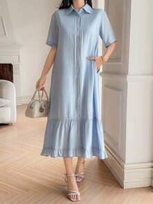 DAZY 女士优雅纯色荷叶边中长连衣裙 春季婚礼宾客礼服 夏季吊带裙 - 藍色 - 查看 7