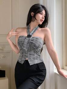 DAZY 女士优雅露背3D立体花卉上衣，夏季 - 黑色 - 查看 6