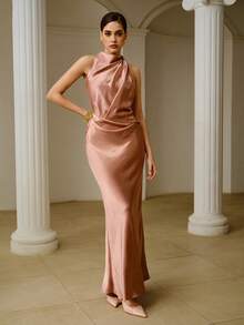 ZEYLAH Satin Halter Dress For Women - Dusty Pink - View 4