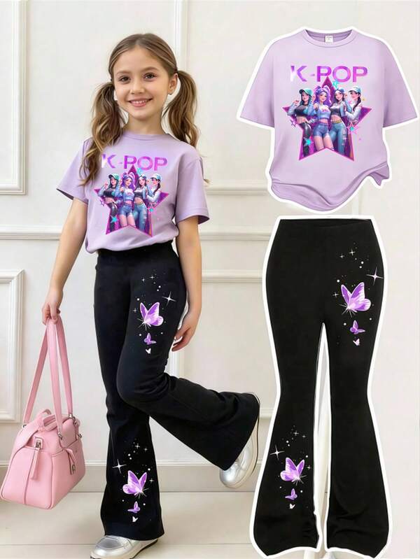 Conjunto de 2 piezas de camiseta con estampado gráfico de grupo de chicas virtuales minimalista y refrescante, y pantalones acampanados, atuendo casual y de moda para niñas, cómodo para uso diario, adecuado para primavera, verano y otoño