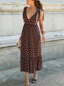 Breezaya 优雅性感V领细肩带蝴蝶结腰部荷叶边A字中长连衣裙，适合日常穿着和度假，春夏款 - 棕色 - 查看 5