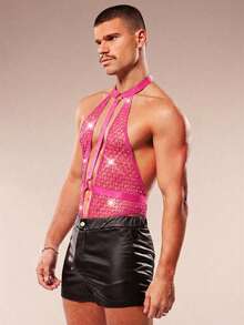 FeverCity Mono sin espalda con cuello halter y detalles de diamante de imitación para hombre - Rosa Fucsia - Ver 5