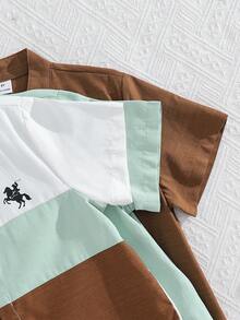 3pcs Set: Young Boy Pattern Mandarin Collar Short Sleeve Shirt - Mint Green - View 3