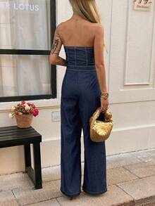 Livesso Women's Denim Jumpsuit With Bandeau Neckline And Waist Cinching Detail - Blue - View 2