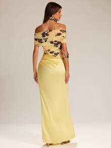 SHEIN BAE Yellow Floral Print Off-Shoulder Sleeveless Mesh & Satin Mermaid Maxi Dress, Elegant Maxi Dress, Vacation Dress, Bridesmaid Dress, Birthday Party Dress, Back To School/Graduation Dress - Light Yellow - View 2