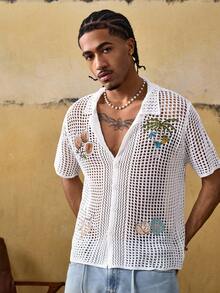 ROMWE MEN Street Life 男士短袖棕榈树刺绣镂空单排扣针织上衣 - 白色 - 查看 4