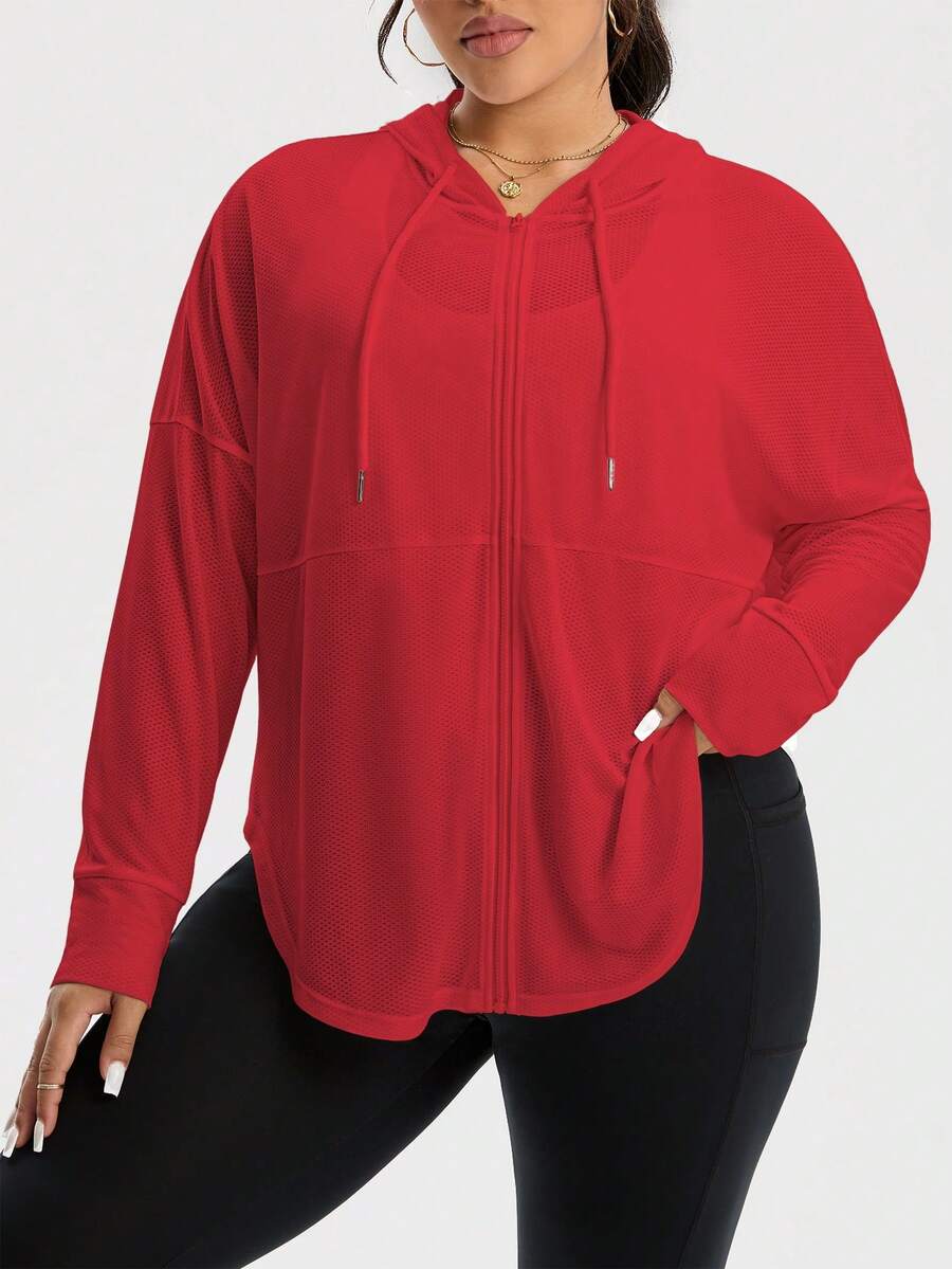 Rhythm Era Plus Size Solid Color Drop Shoulder Long Sleeve Curved Hem Drawstring Hoodie Casual Sports Jacket - Red - View 1