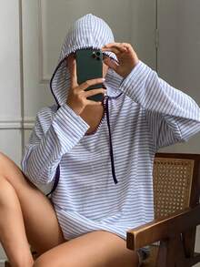 DAZY Striped Loose Hooded Long Sleeve Women Sleepwear Top, Women Loungewear Top - Blue - View 4