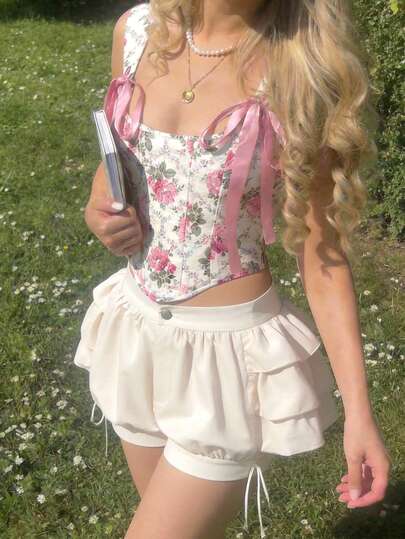 SHEIN MOD Pantalones bombachos de mujer de unicolor vintage con volantes multicapa, para primavera/verano, estilo retro del siglo XIX, uso casual, para tomar el té por la tarde