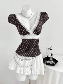 Elamini Camiseta de manga corta ajustada con cuello en V, encaje, parches y lunares en contraste de estilo vintage y dulce y sexy, para primavera/verano para mujeres - Café integral - Ver 3