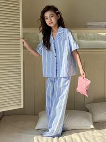 Dazy Kids Bộ đồ ngủ cho bé gái tuổi teen, gồm áo và quần ngắn tay cổ ve áo kẻ sọc, cài cúc một hàng. - Màu xanh lam - Xem 4