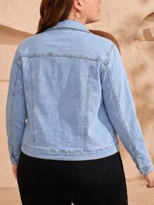 SHEIN LUNE Women's Solid Color Long Sleeve Front Button Short Denim Jacket - Blue - View 2