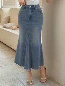 DAZY Falda vaquera con bajo deshilachado y cola de pez, estilo casual lavado para mujer, primavera/verano - Azul lavado medio - Ver 8