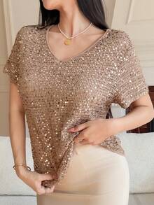 DAZY Women's Casual Sequin Embellished T-Shirt, Summer - Khaki - View 4