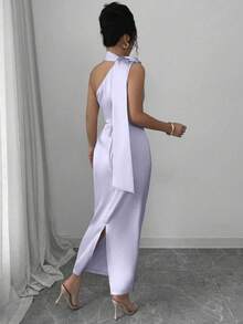 Selianne Elegant Sexy French Satin Ribbon Asymmetric Neck 3D Floral Waist Ruched Bodycon Dress - Purple - View 2