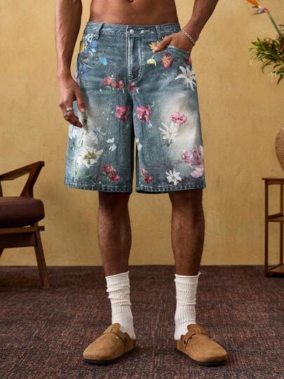 ROMWE MEN Printed Retro Loose Fit Casual Denim Shorts For Men, Summer