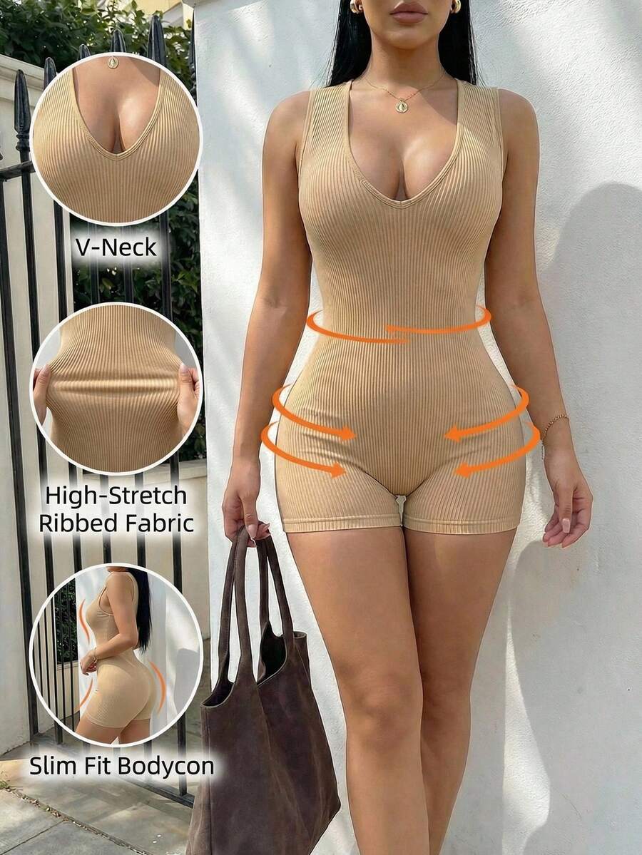 SHEIN SXY 休闲低领舒适纯色圆领连体裤，运动、外出、夏季、健身房、连身裤、女士连身裤、修身连体裤、罗纹 - 卡其色 - 查看 1