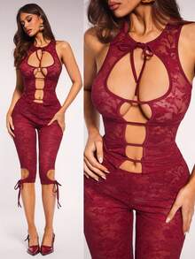 Radiana Women's Sexy Burgundy Lace 2-Piece Set, Lace Camisole + Low-Waist Lace Capri Pants, Sexy Hollow-Out Backless Lace Set, Fitted Lace Set, Capri Pants Set, Suitable For Dates, Gatherings, Parties, Galas, Nightclubs, Holidays, Vacations, Beaches, Holiday Outings - Burgundy - View 7