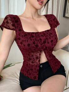 DAZY 女士优雅花卉植绒网纱开衩上衣，夏季 - 紅色 - 查看 1