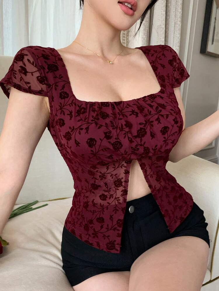 Spring & Summer Ditsy Floral Flocked Lace Top, Black, Elegant For Valentine's Day, Wedding, Party, Fashion Event, Slim Fit, Sheer Mesh Square Neck Short Sleeve Top For Women Crop Tops Women Cute Tops