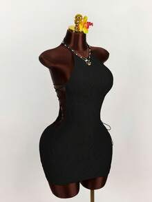 Amplova Cross-Tied Waist Textured Fabric Mini Bodycon Dress,Summer Dresses For Women - Black - View 3