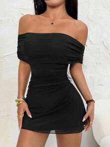 SHEIN PETITE 女士纯色黑色简约露肩连衣裙，适合日常穿着 - 黑色 - 查看 3