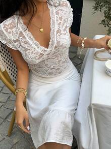 INAWLY Women's White Floral Lace Scalloped V Neck Cap Sleeve Sheer Blouse - Summer Date Night Party Top - White - View 3