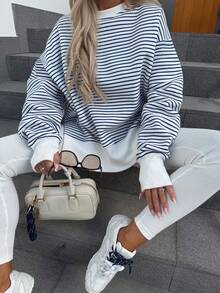 EMERY ROSE Women's Striped Drop Shoulder Long Sleeve Loose Casual Crew Neck Hem Slit Sweatshirt - Black - View 3