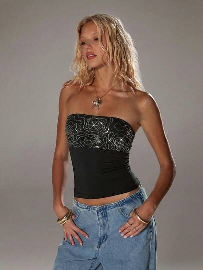 TRNVIE 女士水钻装饰褶皱抹胸无袖上衣