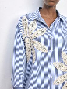 SHEIN Maija 女士休闲通勤条纹花卉刺绣衬衫 - 藍色 - 查看 8