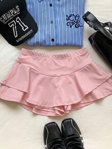 SHEIN EZwear 女士纯色弹力腰荷叶边阔腿短裤，浅粉色 - 藕粉色 - 查看 6