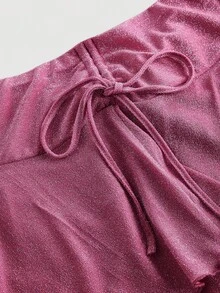 SHEIN MOD Chân váy cạp thấp màu hồng lấp lánh dành cho nữ cỡ lớn, có bèo nhún. - Màu Hồng Tươi - Xem 3