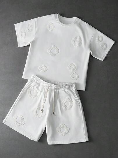 PAVTROS Men's Casual Sports Embroidered Towel Set T-Shirt Co-Ords, Valentine's Day,Spring To Summer,Y2k,Mardi Gras,Vintage,Streetwear,Party,St Patrick's Day,Going Out,Terry Cloth Embroidered Letter Combination Round Pattern T-Shirt Set For Men