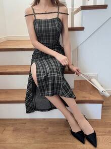 FRIFUL 女士格子印花修身优雅吊带长裙 - 黑與白 - 查看 3