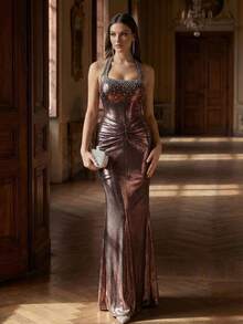 Coutiva Vestido de noche elegante y formal para mujer con decoración de perlas y drapeado - Óxido marrón - Ver 3