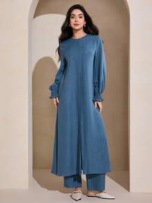 Graceveil 女士长袍套装，包括垂领长袖外套和裤子 - 藍色 - 查看 6