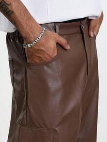 TOKVUE Manfinity Streetrush Men's PU Leather Pants, Loose Versatile Trousers, Men Loose Straight Leg Casual Brown Baggy Cargo Pants, Fall Winter - Brown - View 6