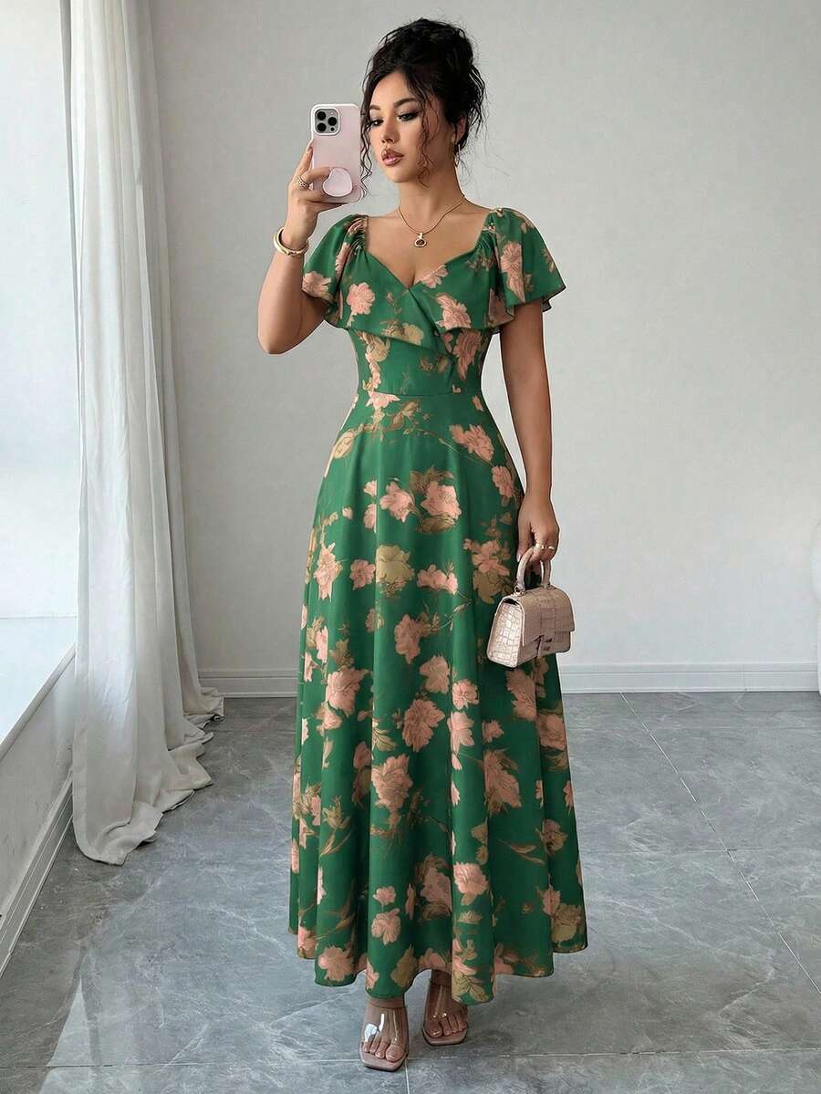 Elenzga Ruffled Waist A-Line Ditsy Floral Elegant French Style Dress - Green - View 1