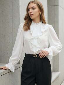 BizChic Women's Autumn Ruffle Hem Long Sleeve Blouse, Urban Commute Office Business Casual Elegant Lady Formal Shirt Top - White - View 2
