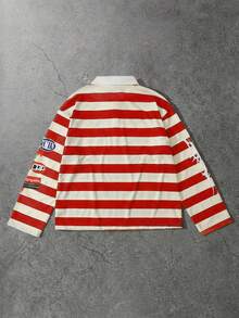 ROMWE MEN Street Life Áo thun polo tay dài họa tiết hoạt hình, dáng rộng, thường ngày, kẻ sọc cho nam - Đỏ và trắng - Xem 3