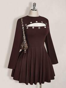 SHEIN ICON 大码女式休闲时尚街头简约纯色镂空系带连衣裙，腰部饰有金属孔眼，春秋季 - 棕色 - 查看 7