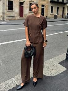 Siren Gaze 2pcs Women Casual Wrap Top And Pants Set, Linen Ladies Outfit, Pants Set, Valentine's Day & New Year Ladies Suit Jacket, Brown 2pcs Set, Suit, Office Ladies Wear, Business Ladies Wear, 2pcs Spring Summer Outfit, Couple Matching, Shirt Set, Parent-Child Pajamas, New Year Ladies Wear - Brown - View 4