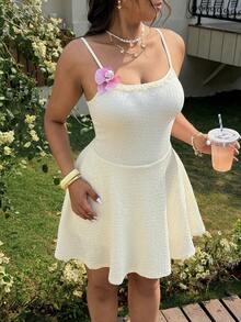 GalTyme 大码女式纯色荷叶边口袋设计休闲连体裤 - 米色 - 查看 5