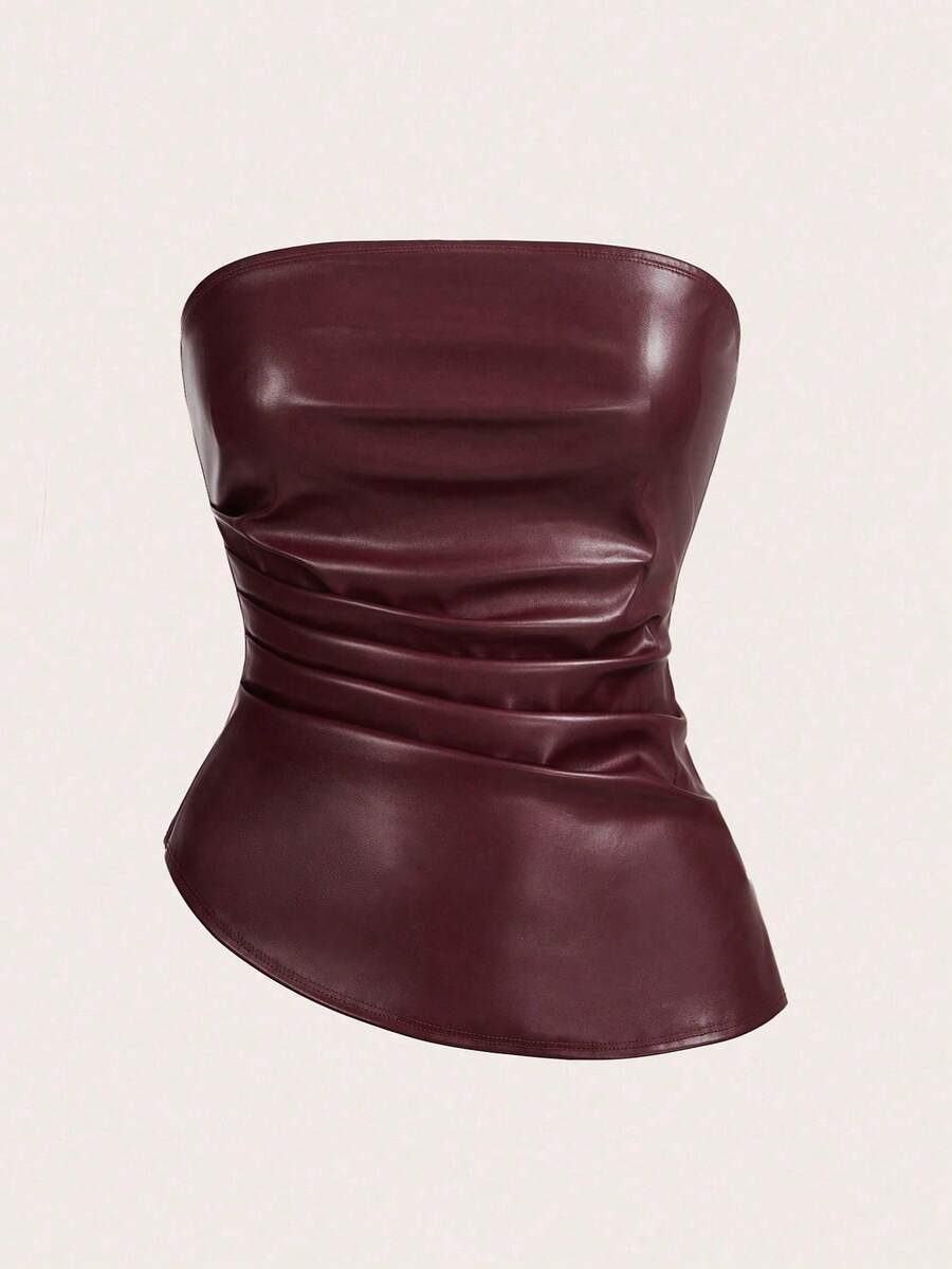 SHEIN Tall 纯色褶皱时尚夏季修身抹胸上衣 - 中紫紅色 - 查看 1